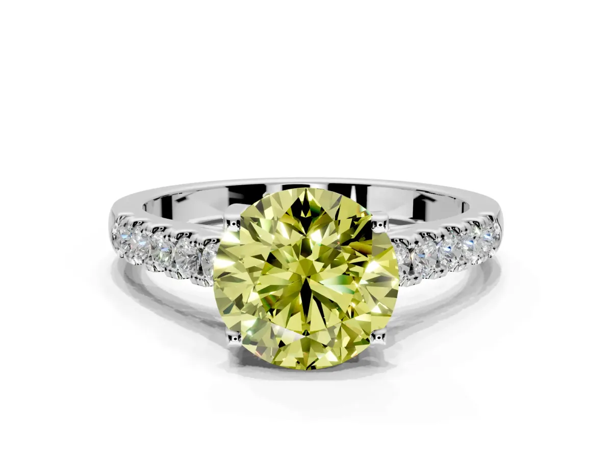 Solitaire Engagement Ring Setting for Fancy Yellow Round Cut Center with Partway Pave Band and Prong Head in Sterling Silver