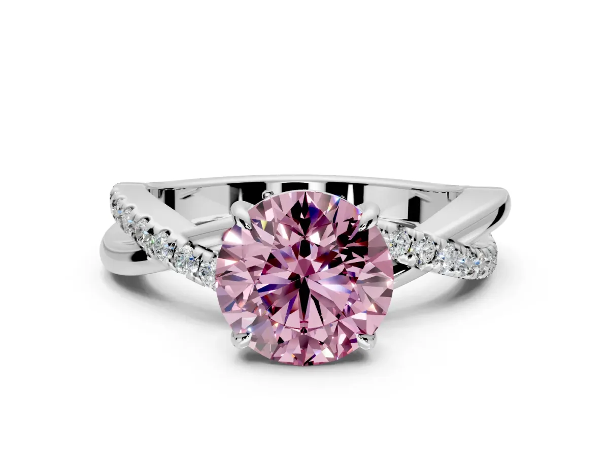 Crossover Engagement Ring Setting for Fancy Pink Round Cut Center with Pave and Plain Strands and Prong Head in Sterling Silver