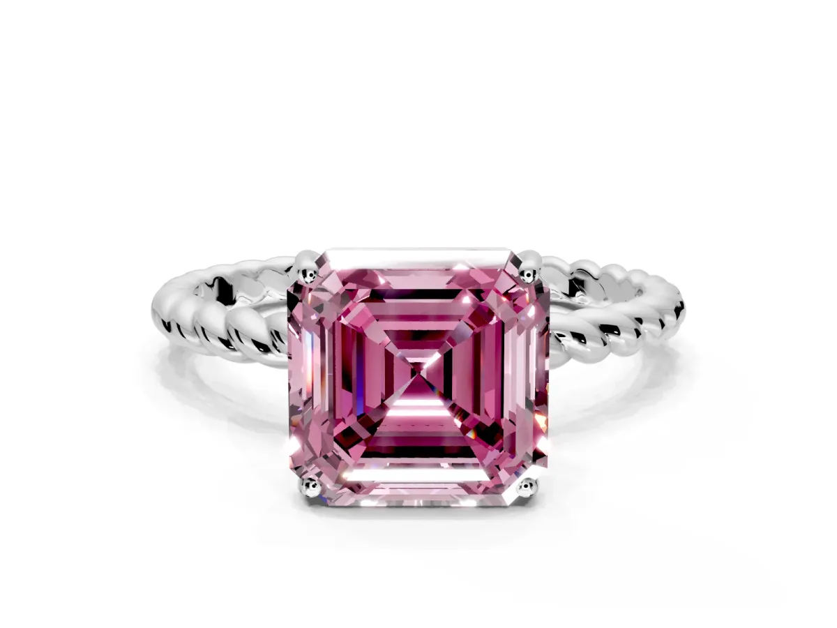 Solitaire Engagement Ring Setting for Fancy Pink Asscher Cut Center with Plain Twisted Rope Band and Prong Head in Sterling Silver