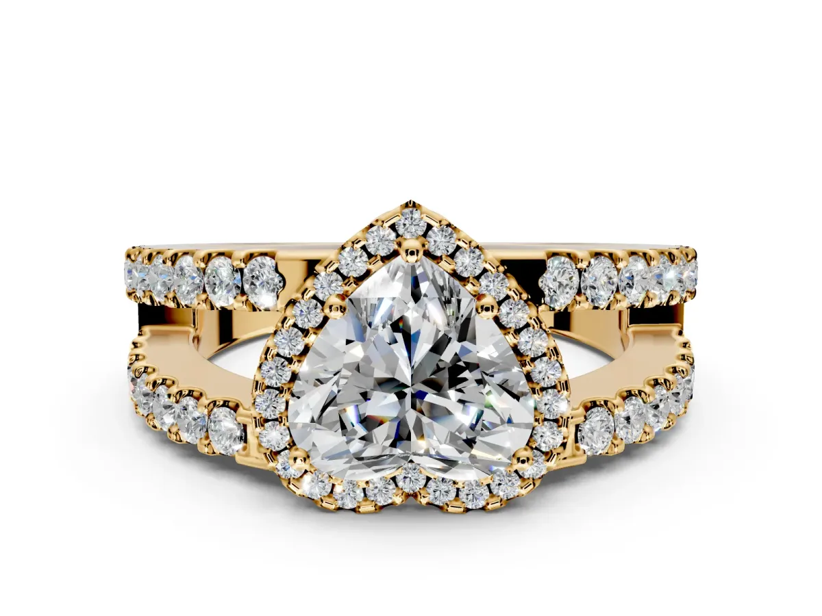 Halo Engagement Ring Setting for Heart-Shaped Center with Wide-Open Pave Split Shank and Prong Head in Yellow Gold