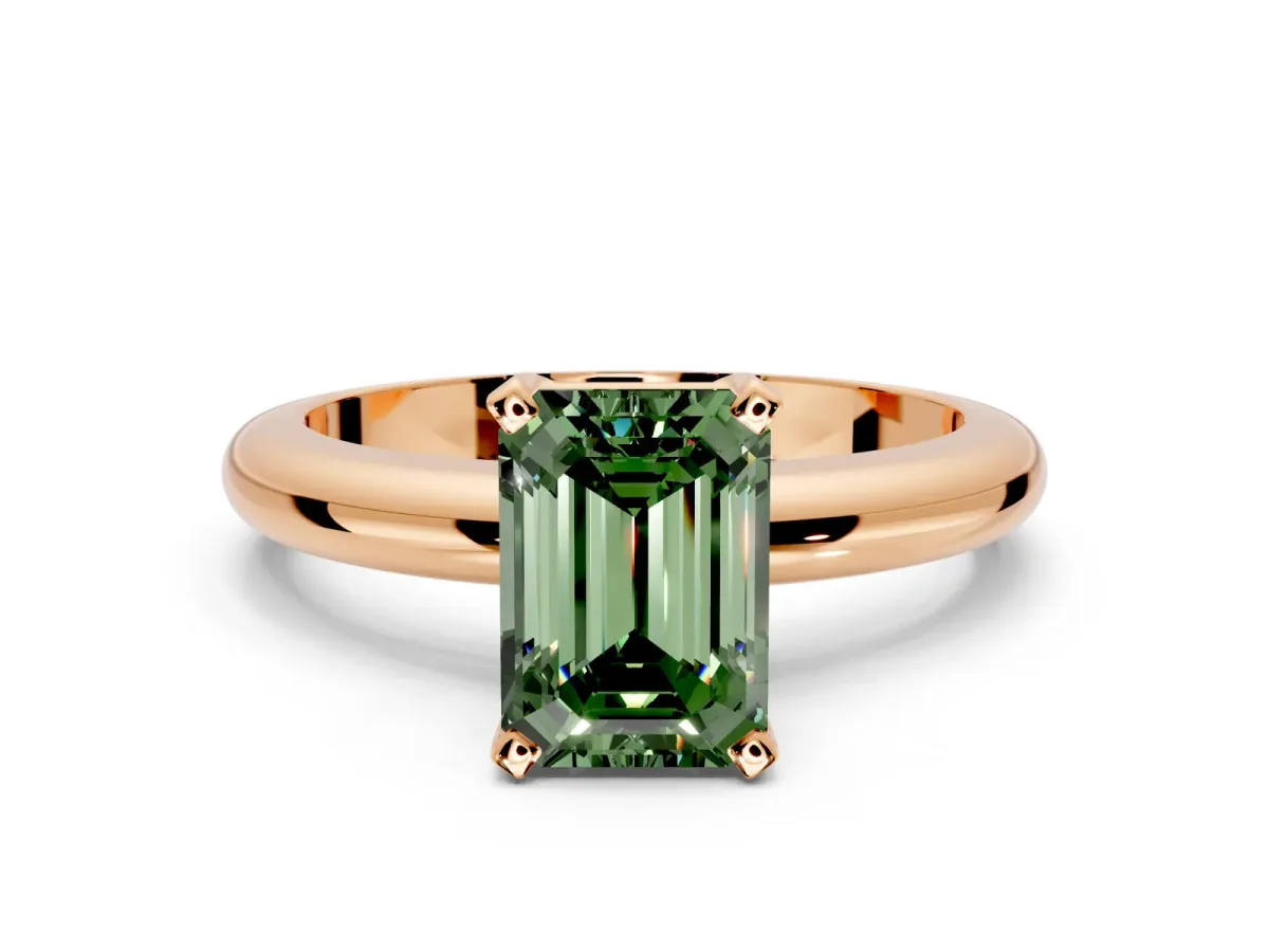 Solitaire Engagement Ring Setting for Fancy Green Emerald Cut Center with Wire Band and Prong Head in Rose Gold