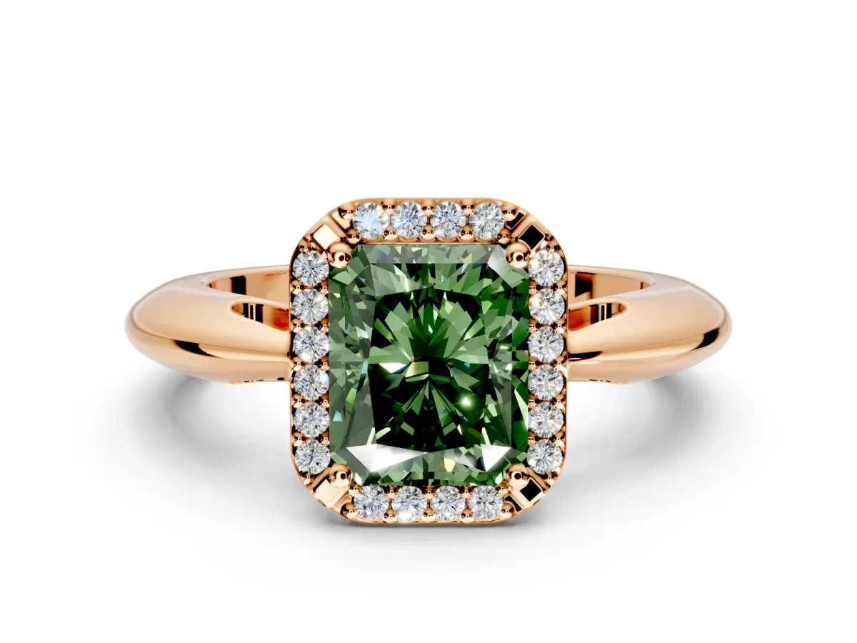 Halo Engagement Ring Setting for Fancy Green Radiant Cut Center with Tapered Plain Band and Prong Head in Rose Gold