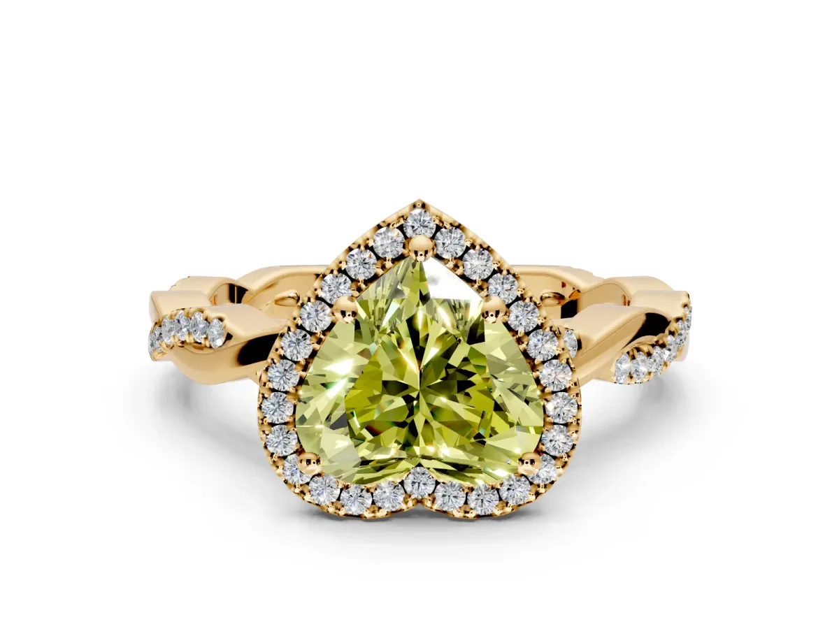 Halo Engagement Ring Setting for Fancy Yellow Heart-Shaped Center with Pave and Plain Twist Band and Prong Head in Yellow Gold