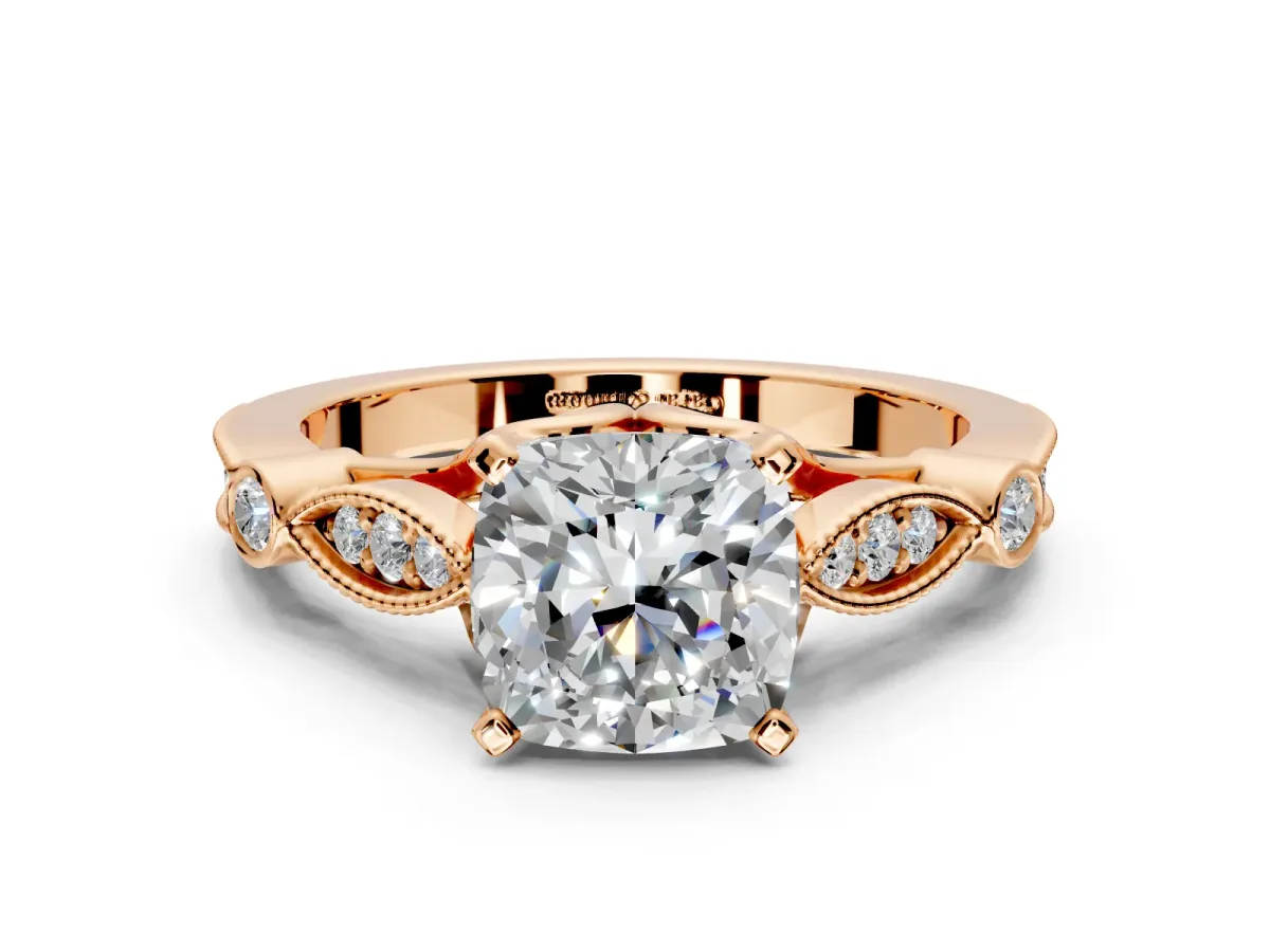 Solitaire Engagement Ring Setting for Cushion Cut Center with Marquise and Bezel Accents and Prong Head in Rose Gold