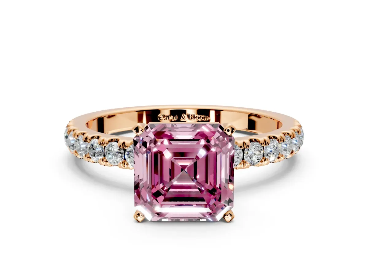 Open Basket Engagement Ring Setting for Fancy Pink Asscher Cut Center with Pave Band and Prong Head in Rose Gold