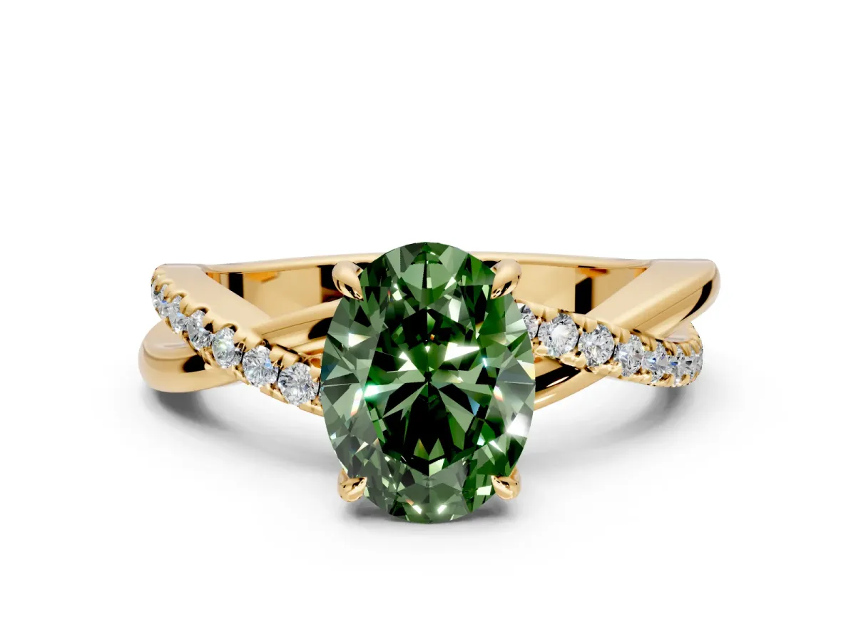 Crossover Engagement Ring Setting for Fancy Green Oval Center with Pave and Plain Strands and Prong Head in Yellow Gold