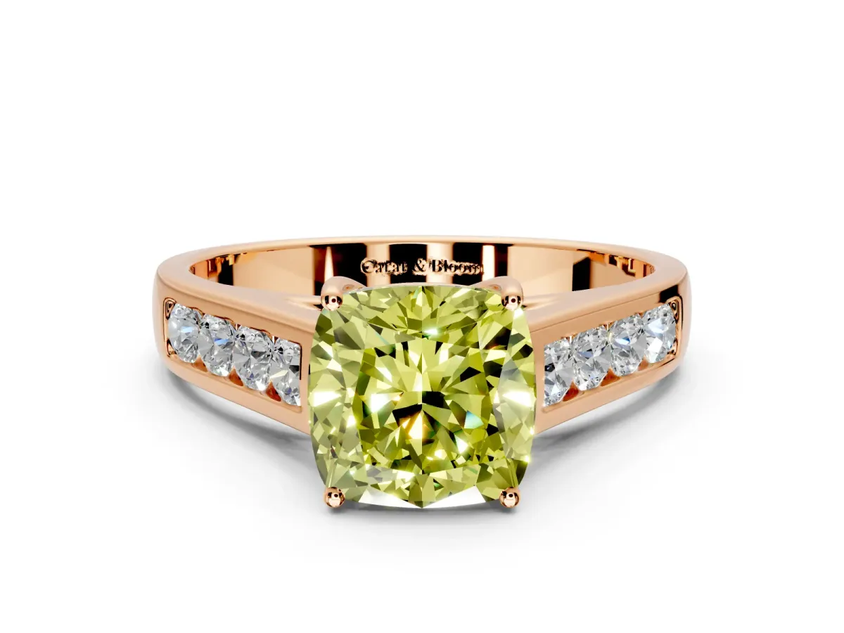 Solitaire Engagement Ring Setting for Fancy Yellow Cushion Cut Center with Round Cut Channel Band and Prong Head in Rose Gold