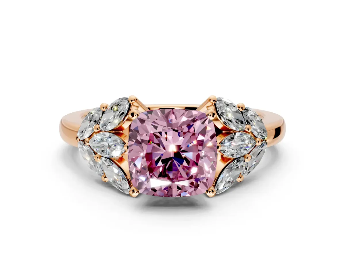 Leaf Cluster Engagement Ring Setting for Fancy Pink Cushion Cut Center with Marquise Accents and Prong Head in Rose Gold