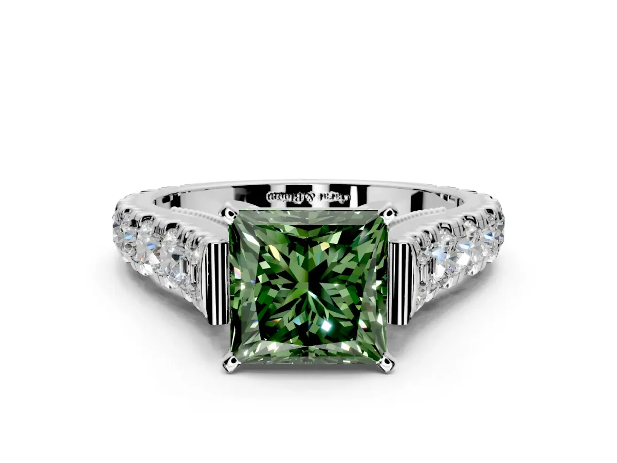 Solitaire Engagement Ring Setting for Fancy Green Princess Cut Center with Pave Cathedral Shoulders and Prong Head in Sterling Silver
