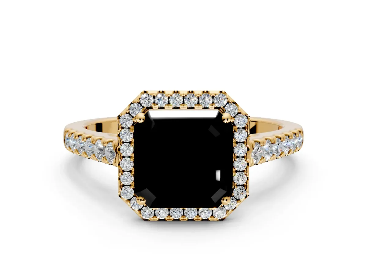 Halo Engagement Ring Setting for Fancy Black Asscher Cut Center with Narrowing Pave Band and Prong Head in Yellow Gold