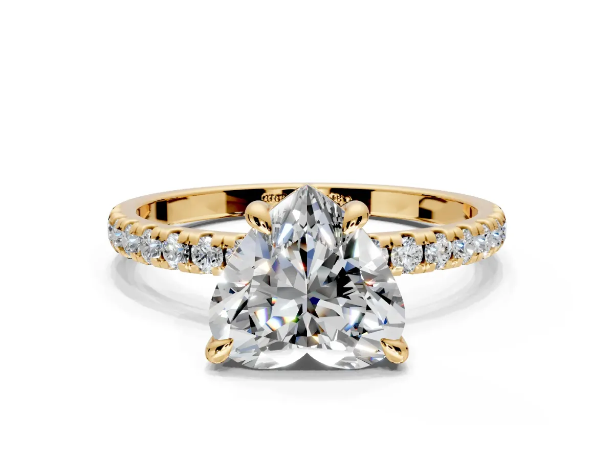 Solitaire Engagement Ring Setting for Heart-Shaped Center with Fine Pave Narrow Band and Prong Head in Yellow Gold