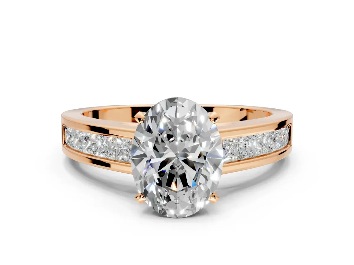 Solitaire Engagement Ring Setting for Oval Center with Princess Cut Channel Band and Prong Head in Rose Gold