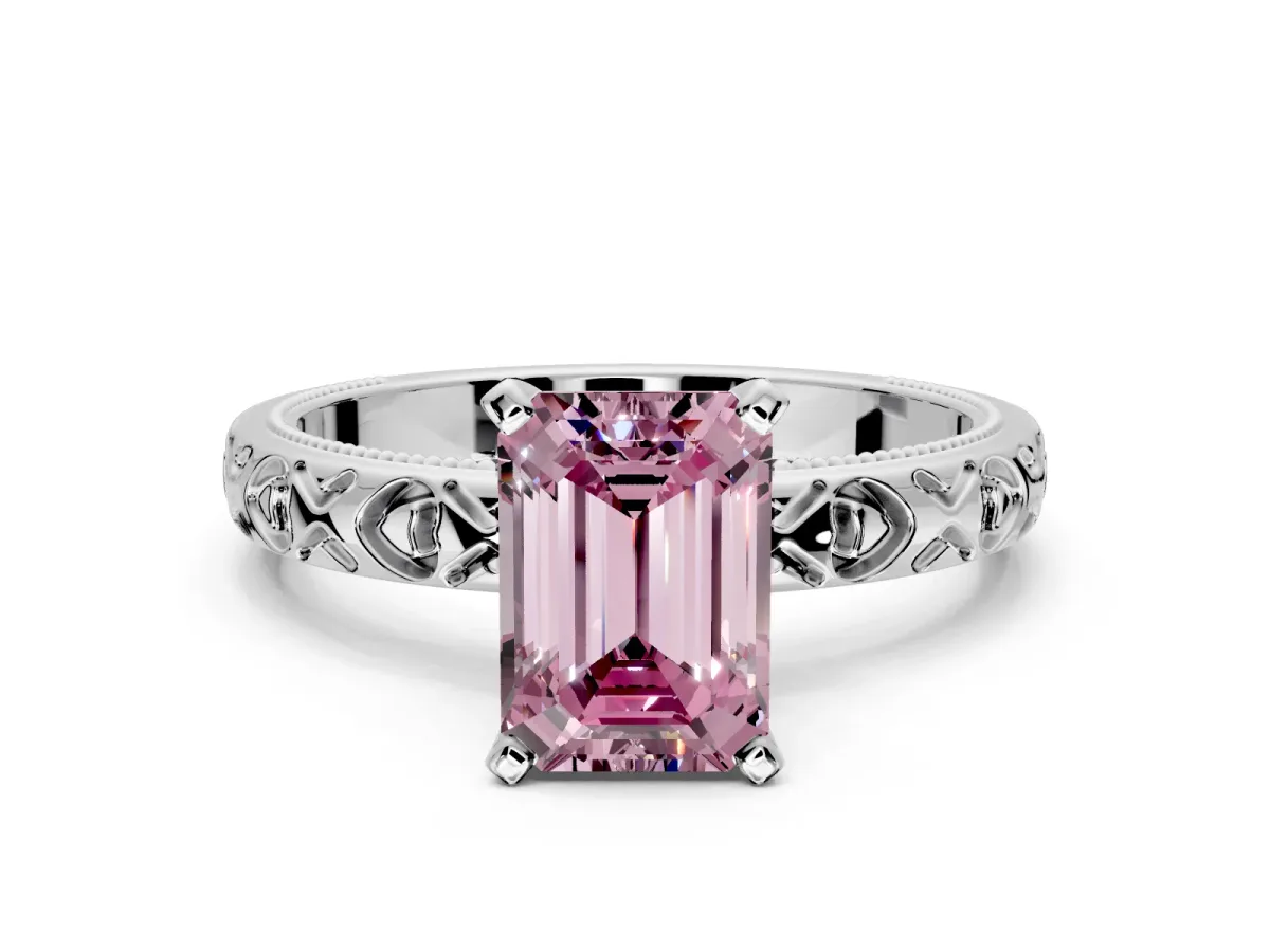 Solitaire Engagement Ring Setting for Fancy Pink Emerald Cut Center with XO Engraved Band and Prong Head in Platinum