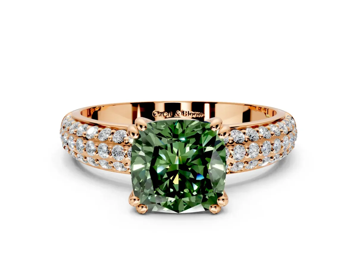 Solitaire Engagement Ring Setting for Fancy Green Cushion Cut Center with Multi-Row Pave Accents and Basket Head in Rose Gold