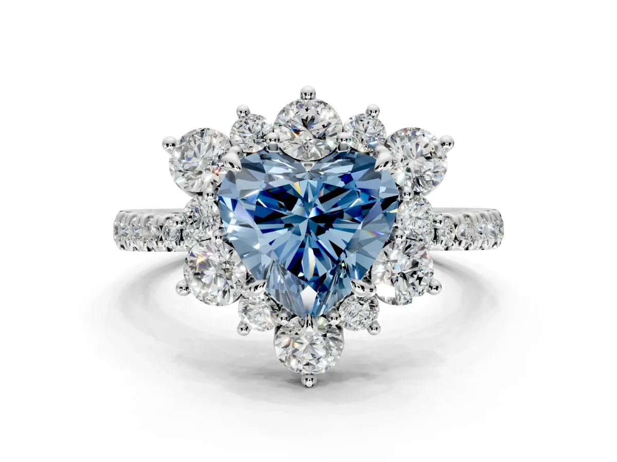 Floral Halo Engagement Ring Setting for Fancy Blue Heart-Shaped Center with Pave Accents and Prong Head in Platinum
