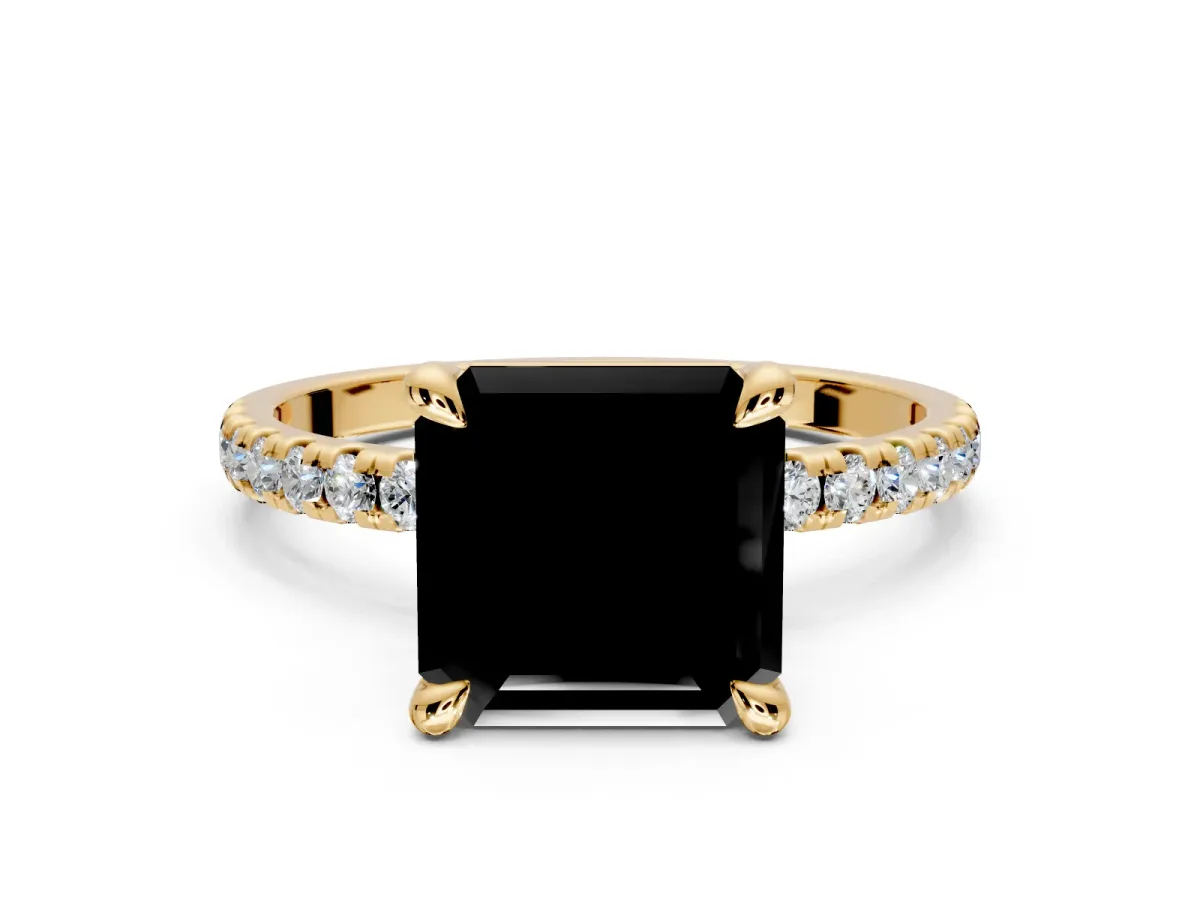 Solitaire Engagement Ring Setting for Fancy Black Asscher Cut Center with Fine Pave Narrow Band and Prong Head in Yellow Gold