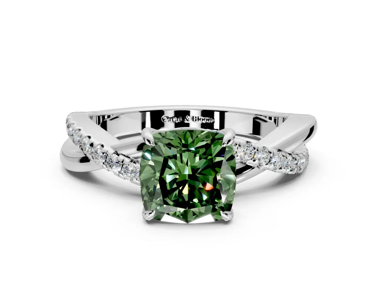 Crossover Engagement Ring Setting for Fancy Green Cushion Cut Center with Pave and Plain Strands and Prong Head in Platinum