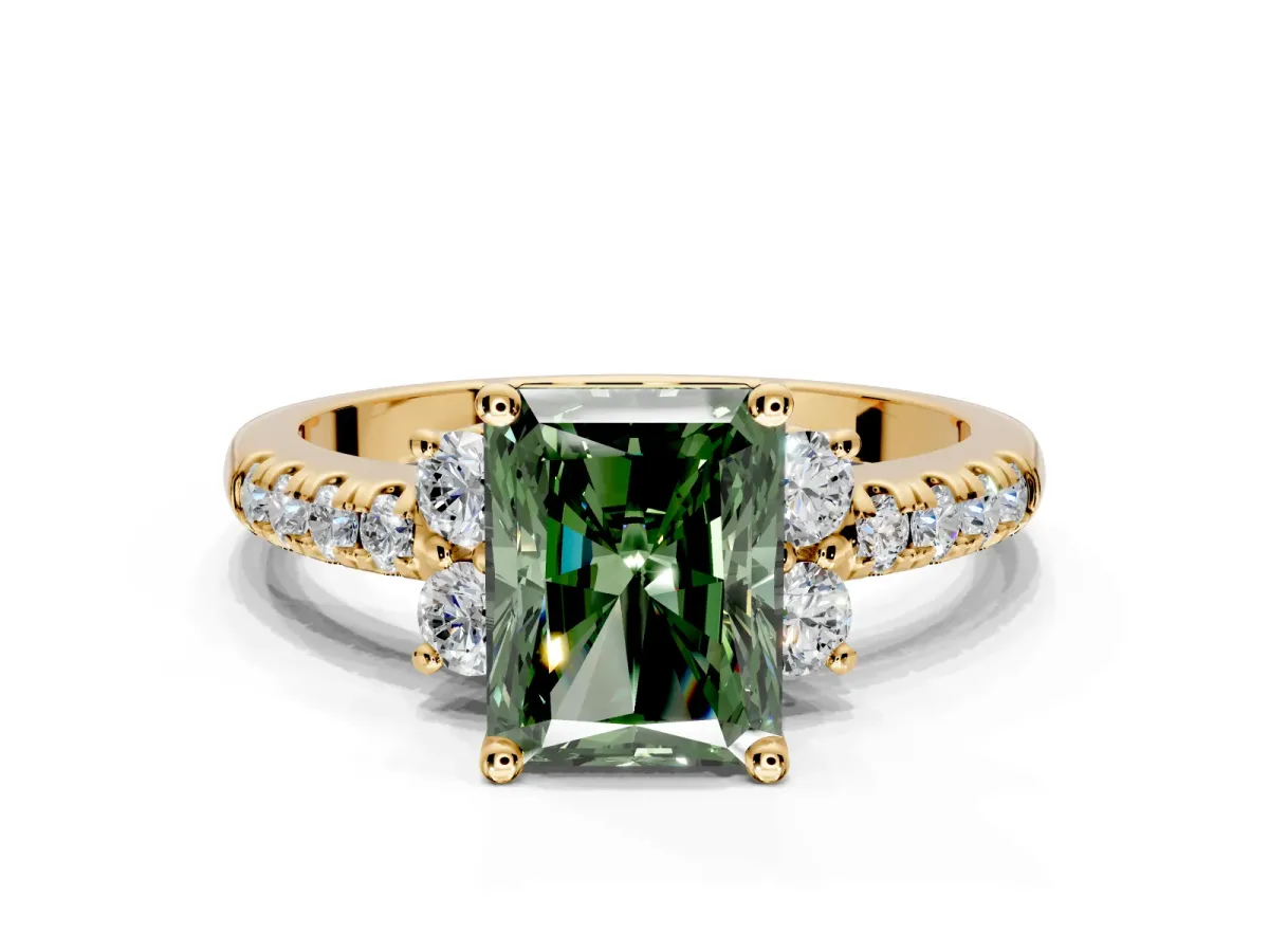 Paired Accent Engagement Ring Setting for Fancy Green Radiant Cut Center with Pave Band and Prong Head in Yellow Gold