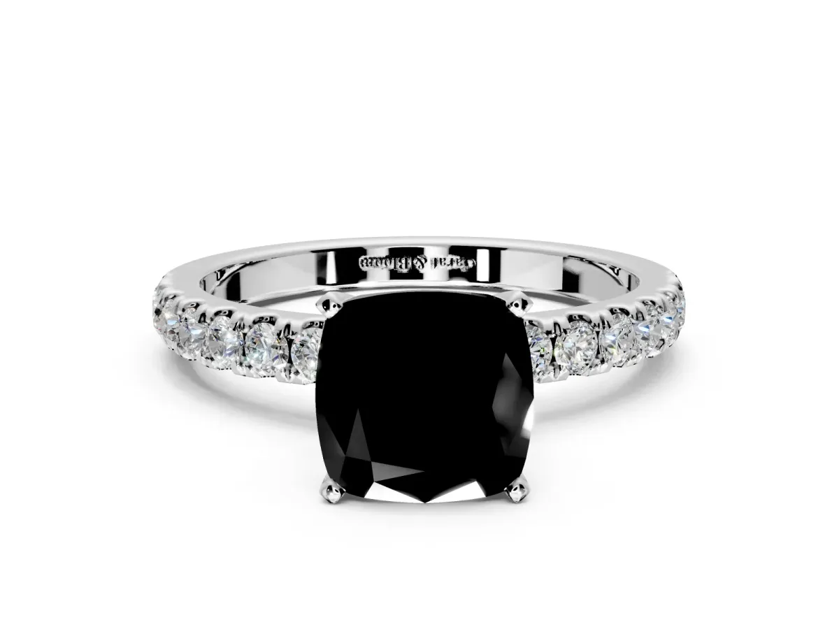 Open Basket Engagement Ring Setting for Fancy Black Cushion Cut Center with Pave Band and Prong Head in White Gold