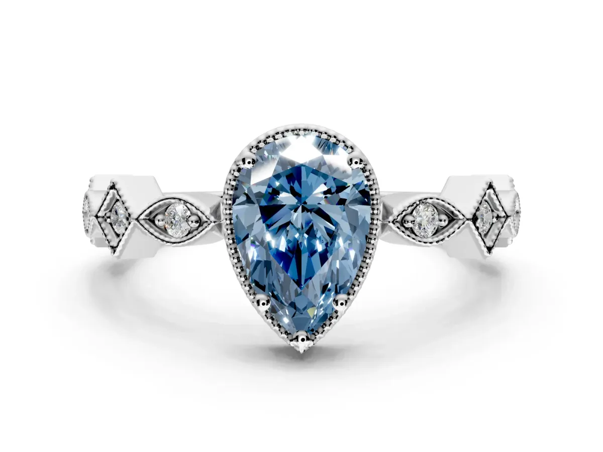 Milgrain Bezel Engagement Ring Setting for Fancy Blue Pear-Shaped Center with Marquise Stations and Bezel Head in Sterling Silver