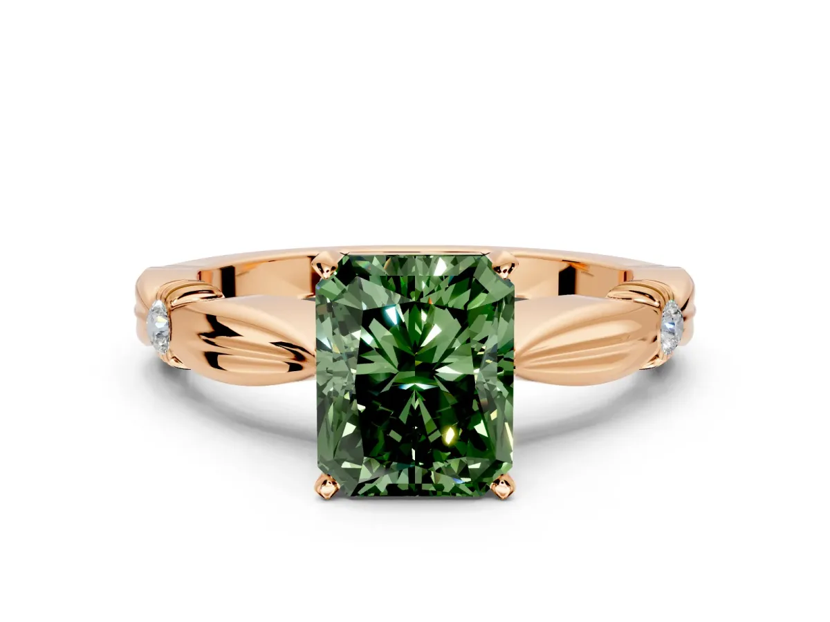 Solitaire Engagement Ring Setting for Fancy Green Radiant Cut Center with Carved Leaf Shoulders and Prong Head in Rose Gold
