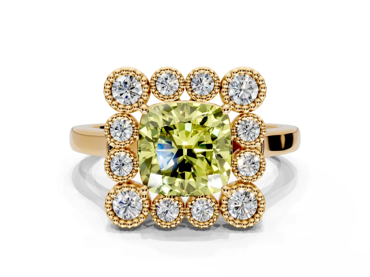 Cluster Halo Engagement Ring Setting for Fancy Yellow Cushion Cut Center with Milgrain Bezel Accents and Prong Head in Yellow Gold
