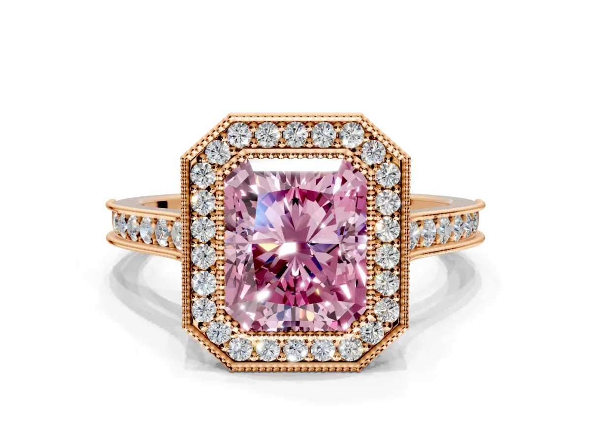 Halo Engagement Ring Setting for Fancy Pink Radiant Cut Center with Milgrain Pave Band and Bezel Head in Rose Gold