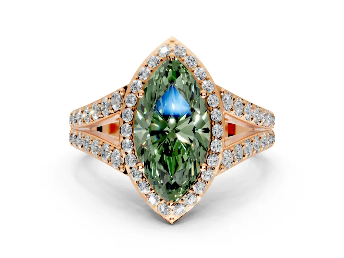 Halo Engagement Ring Setting for Fancy Green Marquise Center with Narrow Pave Split Shank and Prong Head in Rose Gold