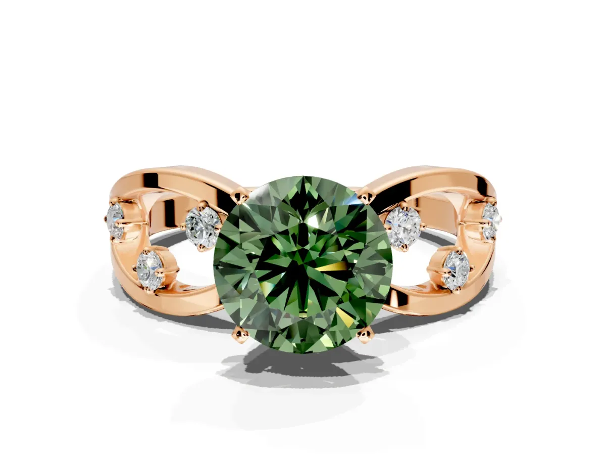 Solitaire Engagement Ring Setting for Fancy Green Round Cut Center with Criss-Cross Accent Band and Prong Head in Rose Gold