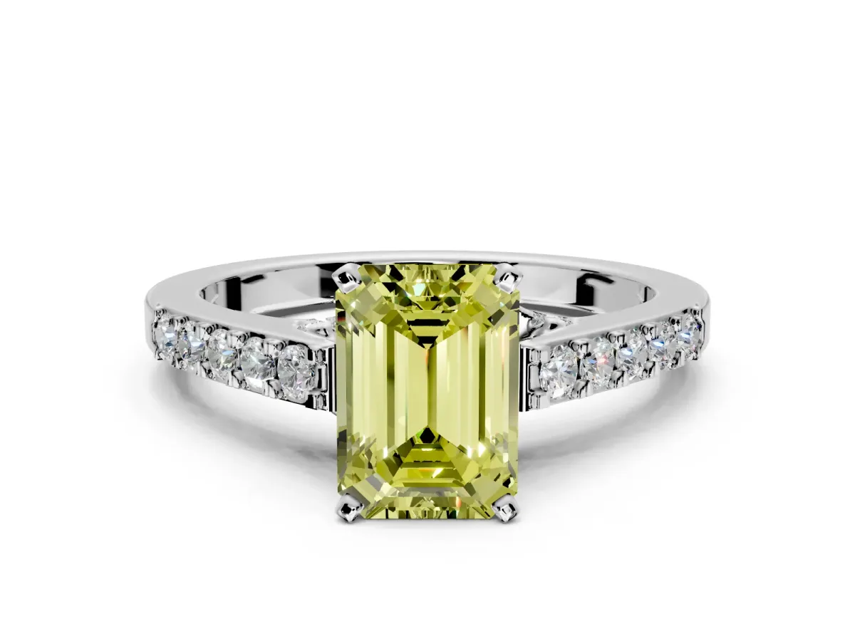 Solitaire Engagement Ring Setting for Fancy Yellow Emerald Cut Center with Crossover Accents and Prong Head in Sterling Silver