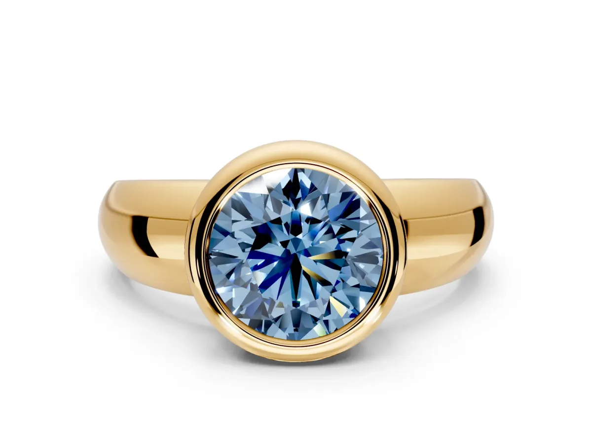Solitaire Engagement Ring Setting for Fancy Blue Round Cut Center with Wide Band and Bezel Head in Yellow Gold