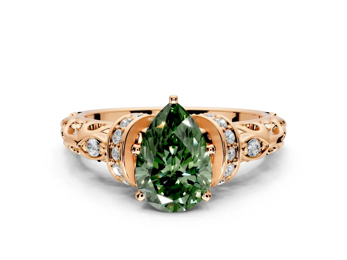 Solitaire Engagement Ring Setting for Fancy Green Pear-Shaped Center with Filigree Band and Prong Head in Rose Gold