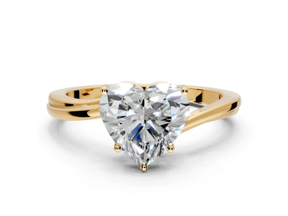 Solitaire Engagement Ring Setting for Heart-Shaped Center with Plain Bypass Twist Band and Prong Head in Yellow Gold