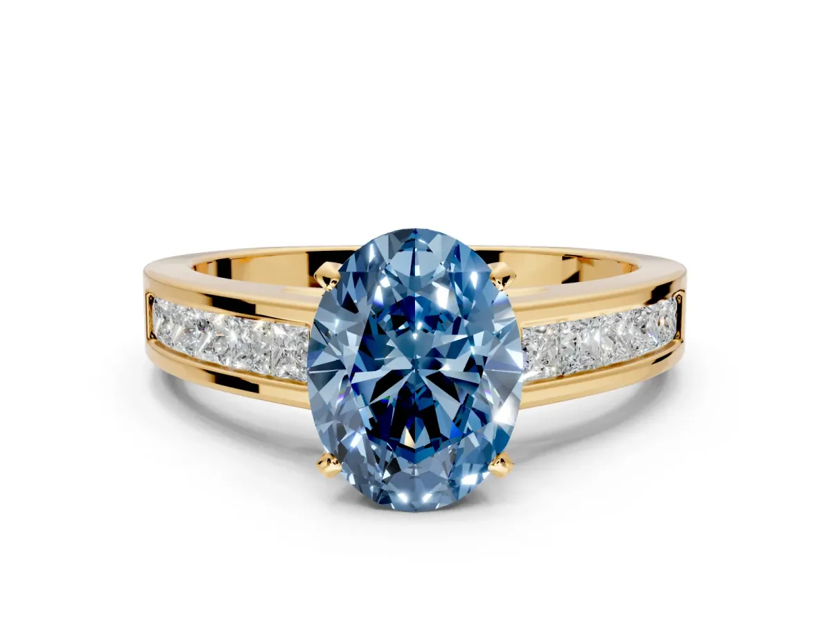 Solitaire Engagement Ring Setting for Fancy Blue Oval Center with Princess Cut Channel Band and Prong Head in Yellow Gold