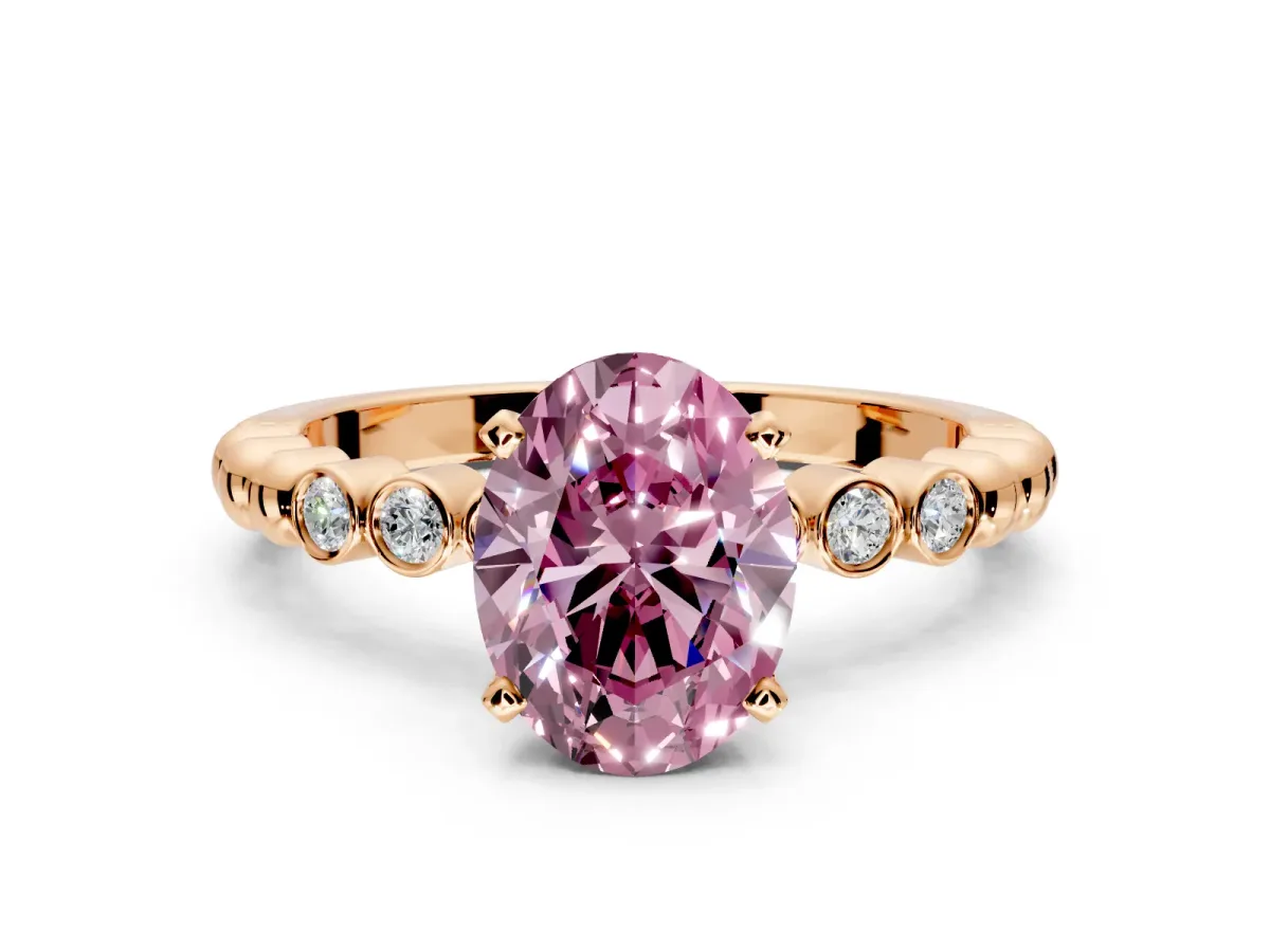 Solitaire Engagement Ring Setting for Fancy Pink Oval Center with Bezel-Dot Beaded Band and Prong Head in Rose Gold