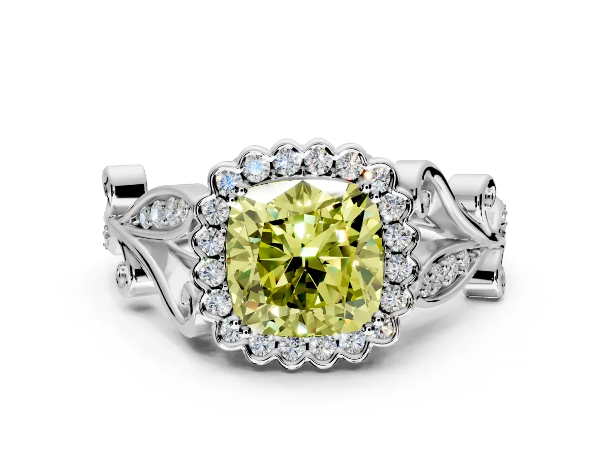Halo Engagement Ring Setting for Fancy Yellow Cushion Cut Center with Leaf Motif Split Shank and Prong Head in Platinum