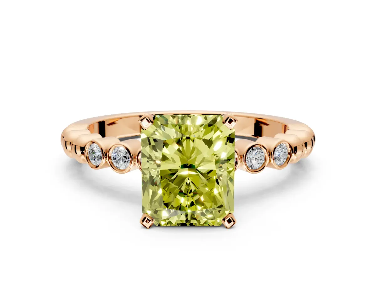 Solitaire Engagement Ring Setting for Fancy Yellow Radiant Cut Center with Bezel-Dot Beaded Band and Prong Head in Rose Gold