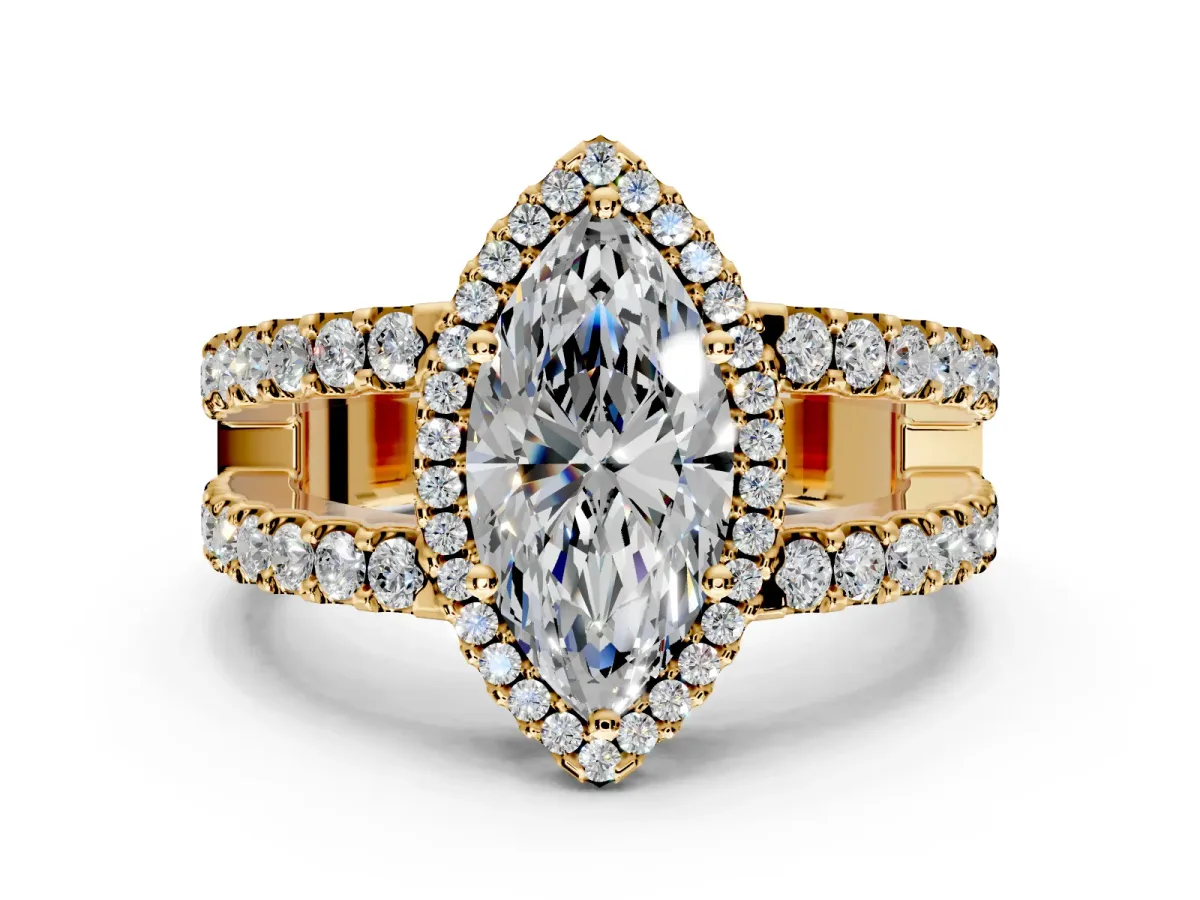 Halo Engagement Ring Setting for Marquise Center with Wide-Open Pave Split Shank and Prong Head in Yellow Gold
