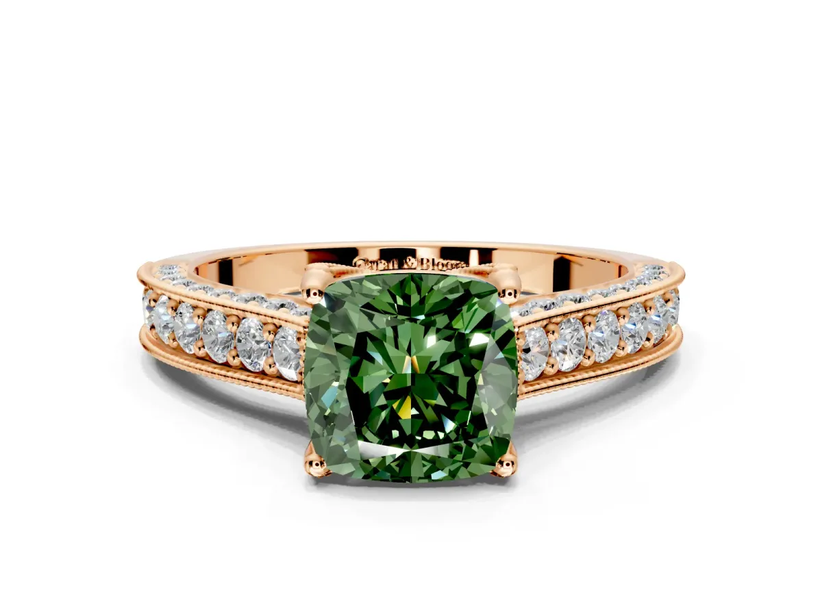 Solitaire Engagement Ring Setting for Fancy Green Cushion Cut Center with Milgrain-Framed Pave Band and Prong Head in Rose Gold