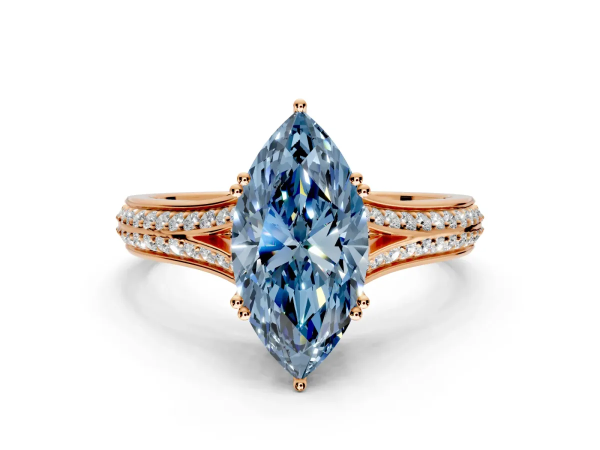 Solitaire Engagement Ring Setting for Fancy Blue Marquise Center with Pave Rail Split Shank and Prong Head in Rose Gold