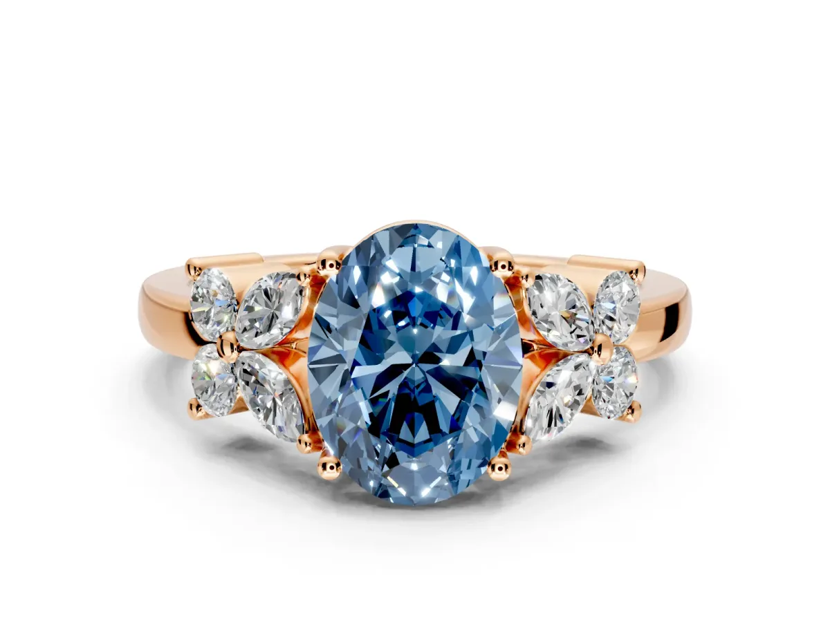 Floral Engagement Ring Setting for Fancy Blue Oval Center with Marquise Cluster Shoulders and Prong Head in Rose Gold