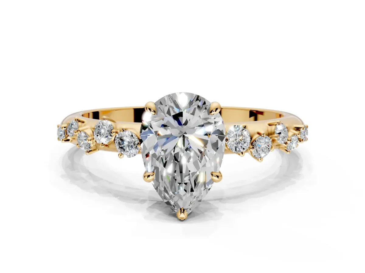Cluster Engagement Ring Setting for Pear-Shaped Center with Round Cut Accent Band and Prong Head in Yellow Gold