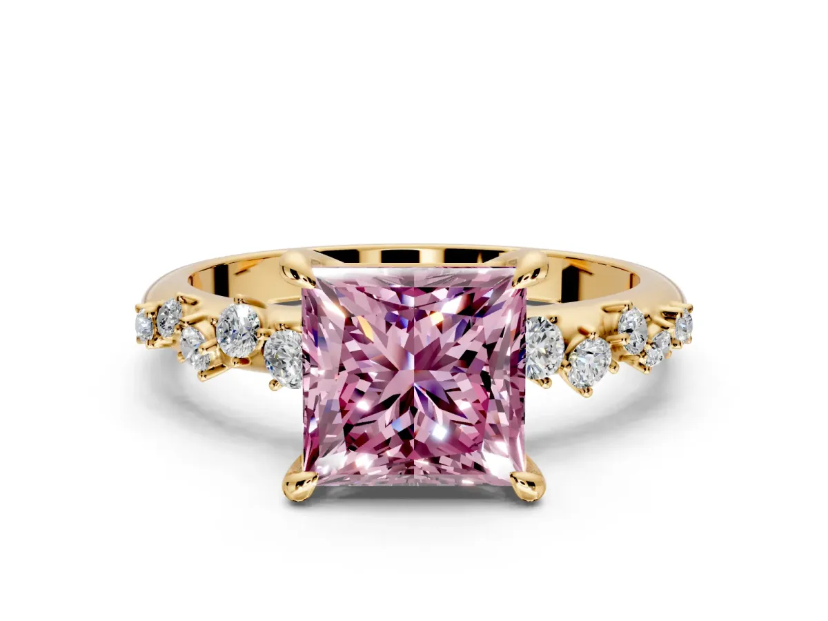 Solitaire Engagement Ring Setting for Fancy Pink Princess Cut Center with Trailing Leaf Accent Band and Prong Head in Yellow Gold