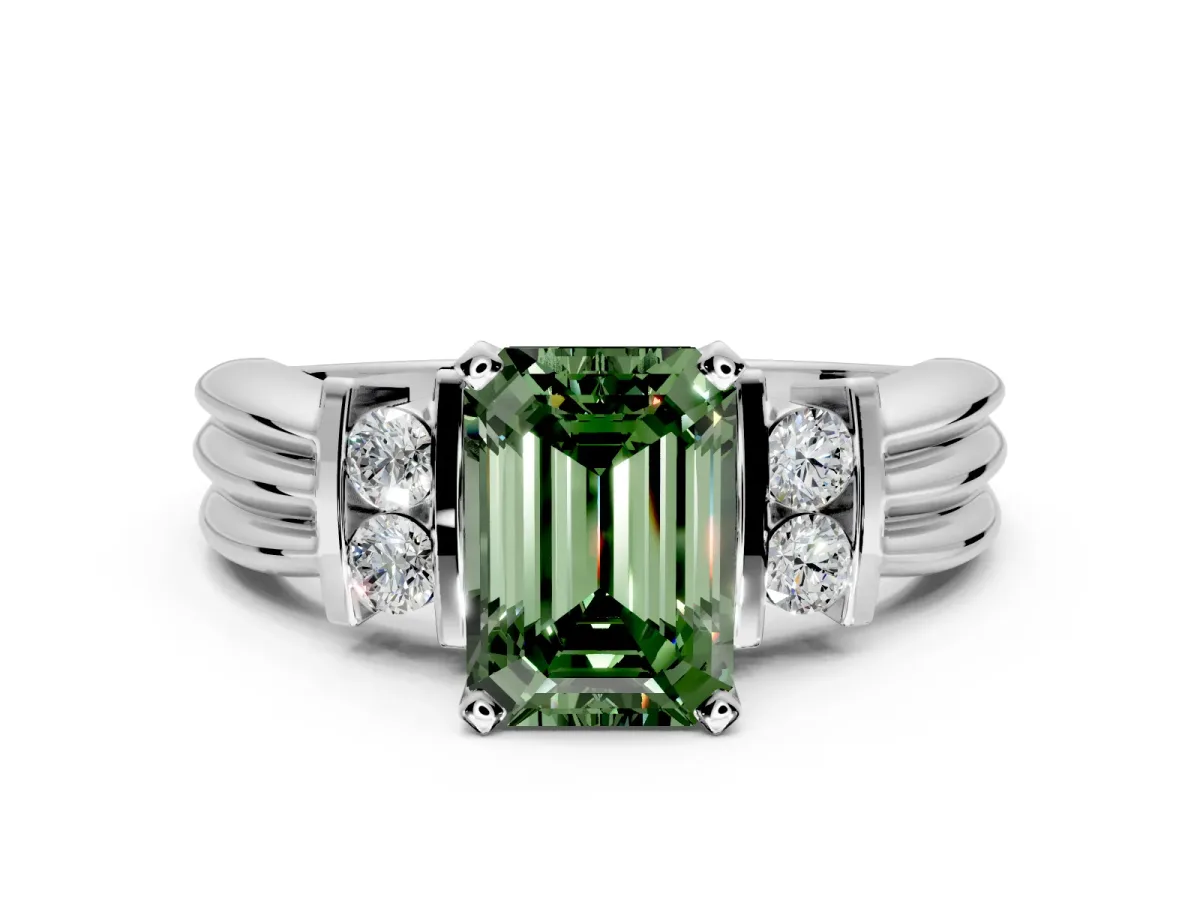 Solitaire Engagement Ring Setting for Fancy Green Emerald Cut Center with Grooved Bar Accent Band and Prong Head in Platinum