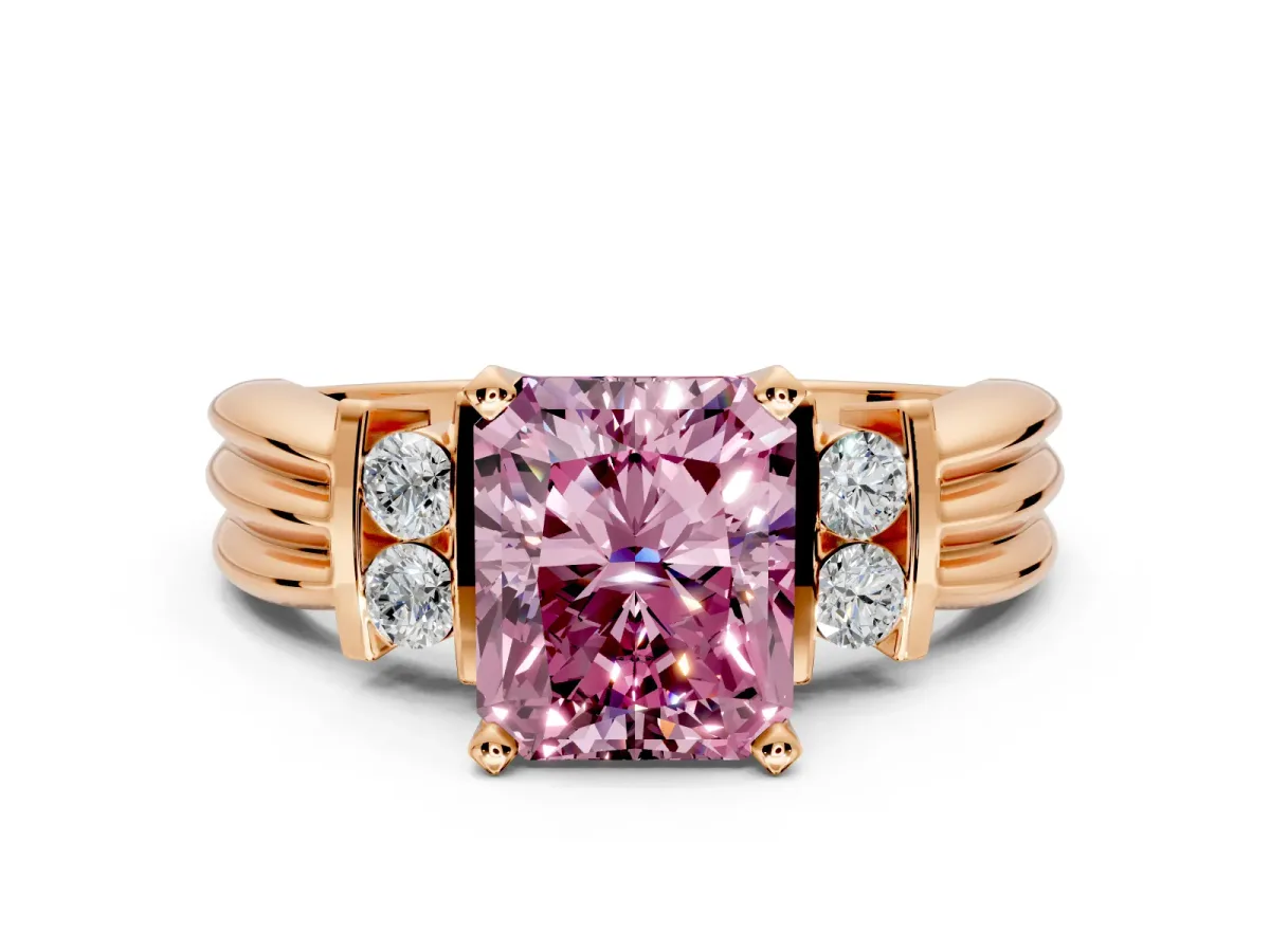 Solitaire Engagement Ring Setting for Fancy Pink Radiant Cut Center with Grooved Bar Accent Band and Prong Head in Rose Gold