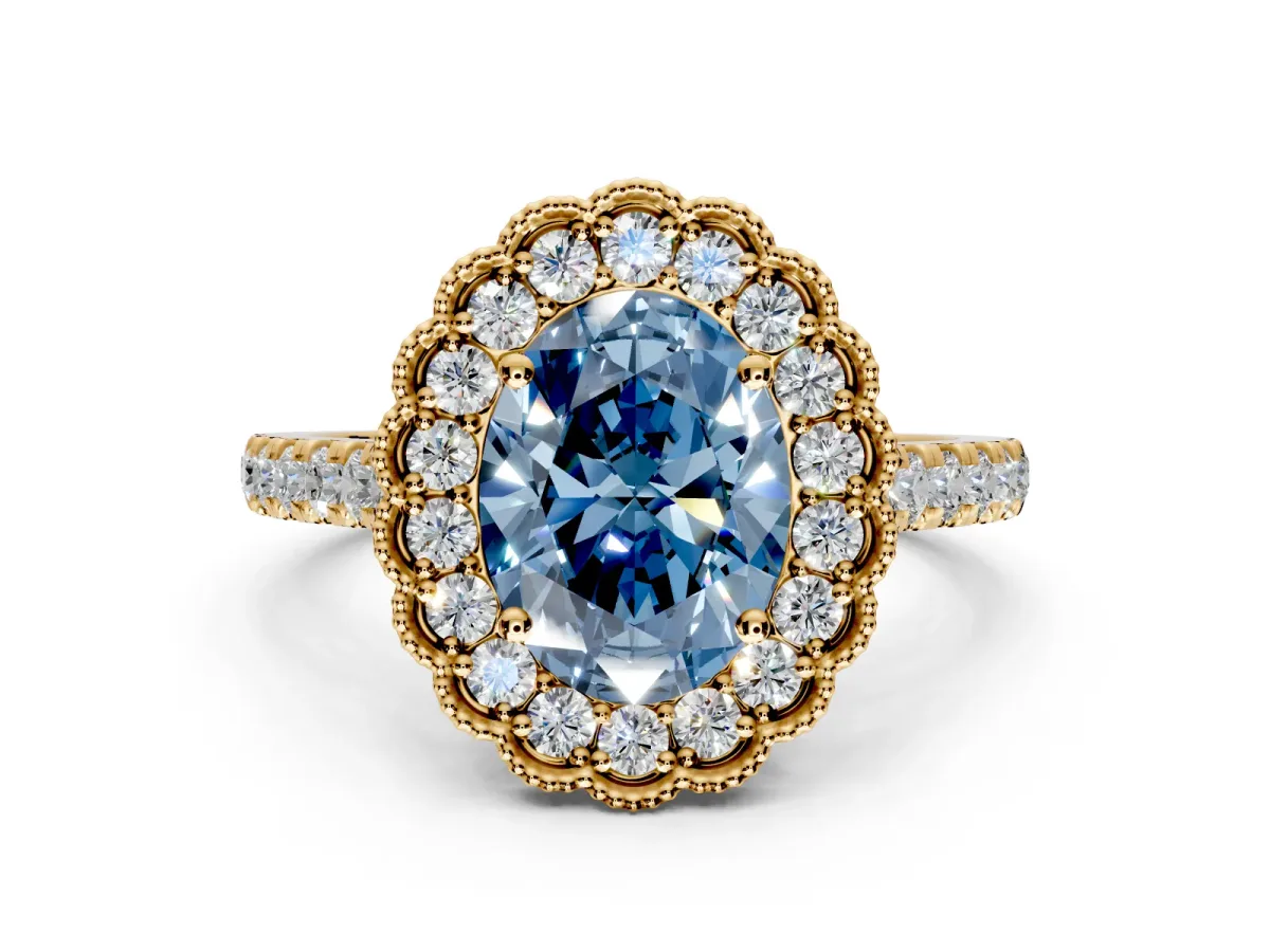 Milgrain Floral Halo Engagement Ring Setting for Fancy Blue Oval Center with Pave Band and Prong Head in Yellow Gold