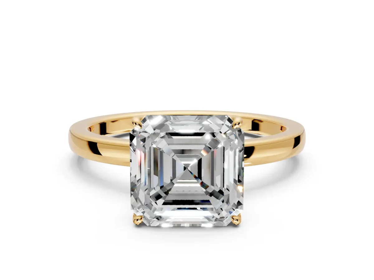 Solitaire Engagement Ring Setting for Asscher Cut Center with Thin Rounded Plain Band and Prong Head in Yellow Gold