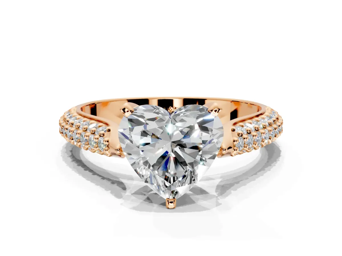 Solitaire Engagement Ring Setting for Heart-Shaped Center with Multi-Row Accents and Prong Head in Rose Gold