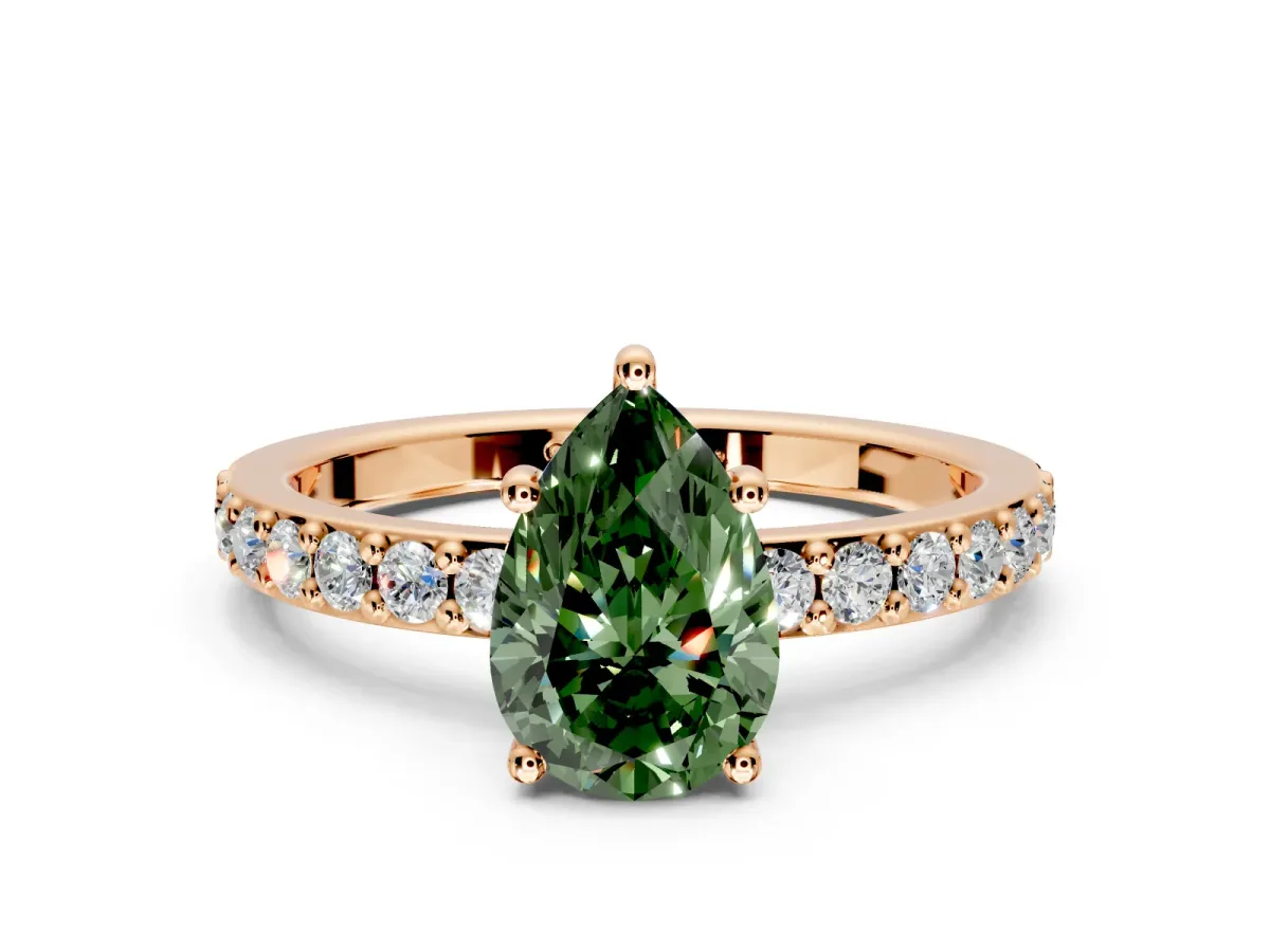 Solitaire Engagement Ring Setting for Fancy Green Pear-Shaped Center with Round Cut Pave Band and Prong Head in Rose Gold