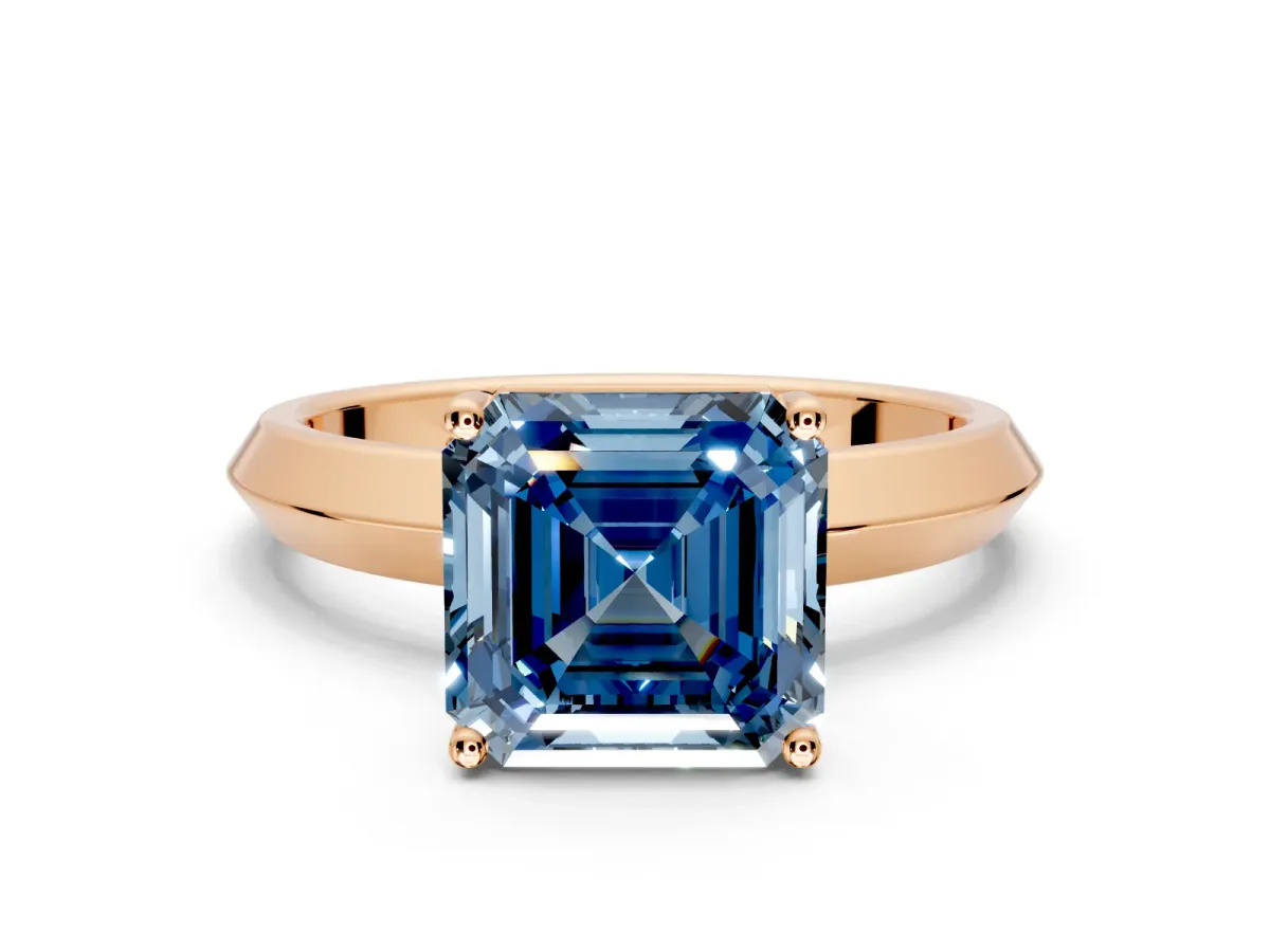 Solitaire Engagement Ring Setting for Fancy Blue Asscher Cut Center with Wide Knife Ridge Band and Prong Head in Rose Gold
